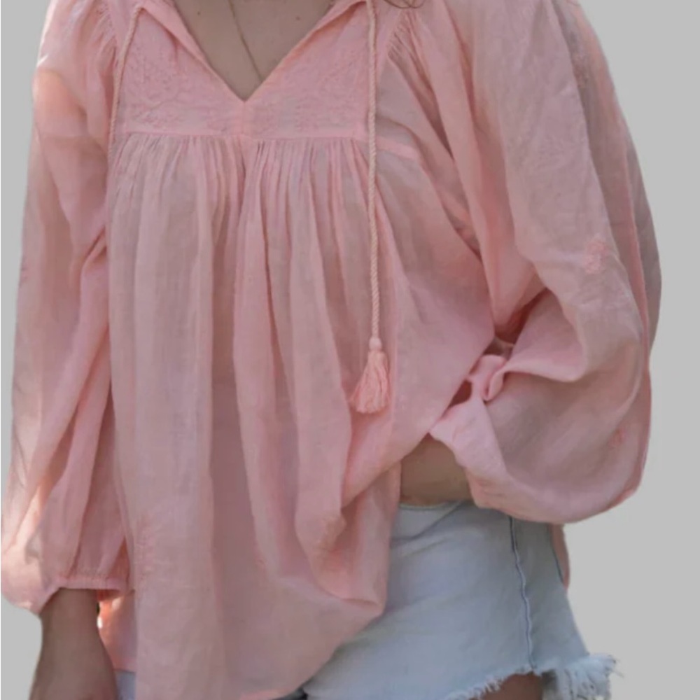 Peach embroidered ballon sleeve blouse